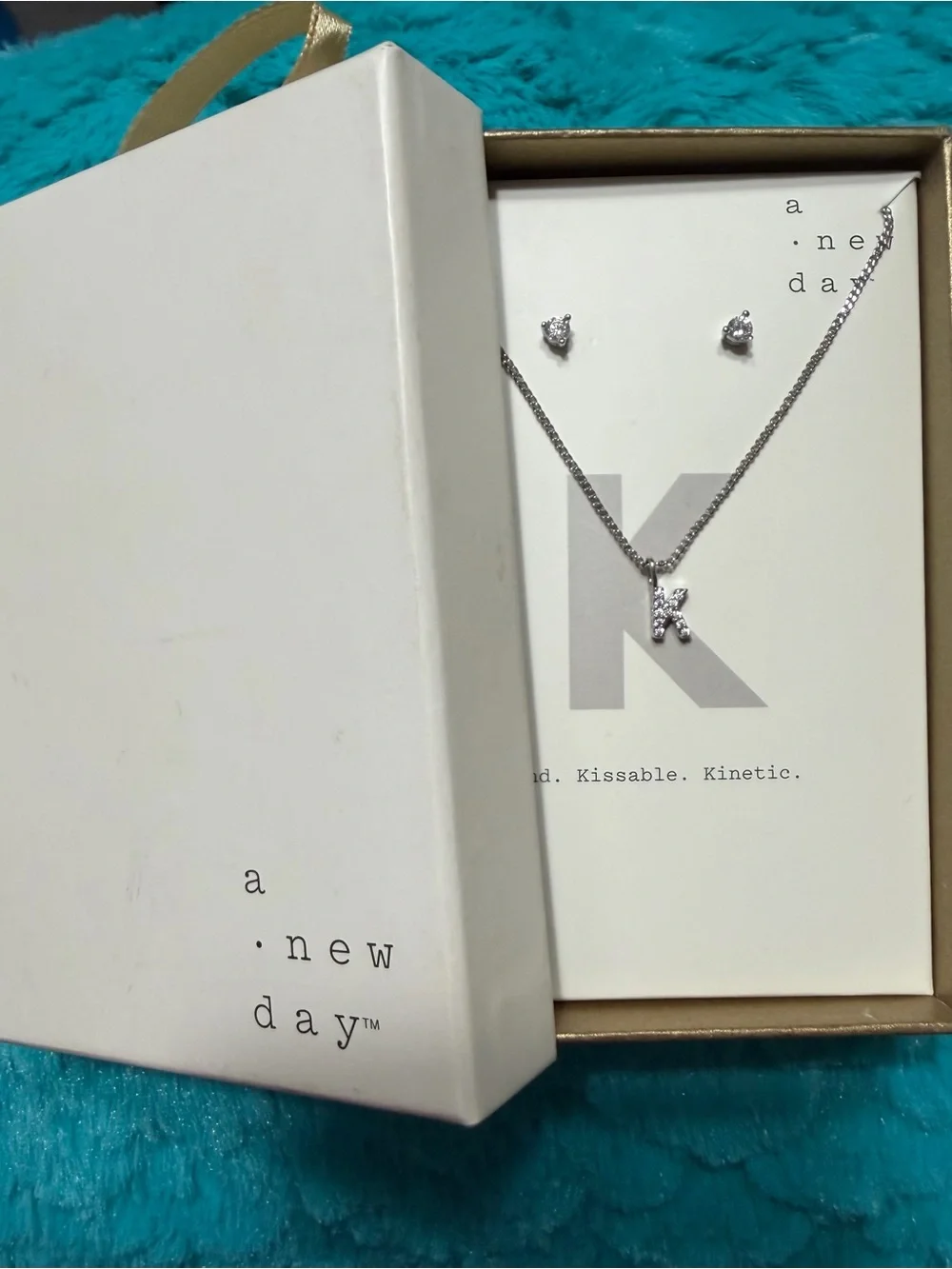 a new day Silver Plated 'K' Cubic Zirconia Necklace & Stud Earrings Set - Silver